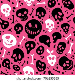 Happy Halloween. Seamless pattern with monsters and skulls on a pink background.
