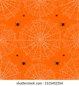 Happy Halloween seamless pattern on orange background featuring spider webs and spiders.