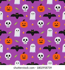 happy halloween seamless pattern on purple background. vector illustration.