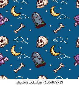 Happy halloween seamless pattern on blue background