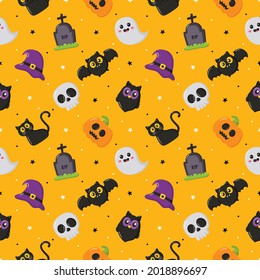 happy halloween seamless pattern on yellow background. vector illustration.