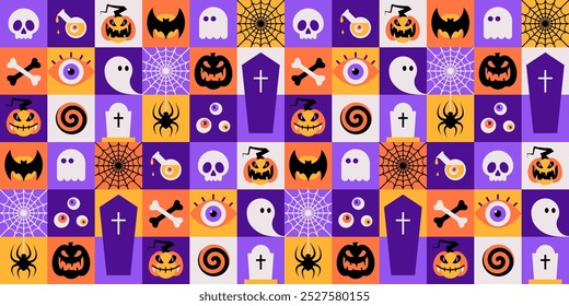 Feliz Halloween sin patrón sobre fondo a cuadros. Truco o trato. Linda fiesta de Halloween de miedo, concepto de diseño de Festiva de terror. Ilustración vectorial en estilo minimalista.