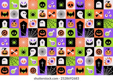 Happy Halloween seamless pattern on colorful checkered background. Trick or Treat. Cute scary Halloween Party, Horror Holiday design concept. Vector Illustration in minimalist flat style.