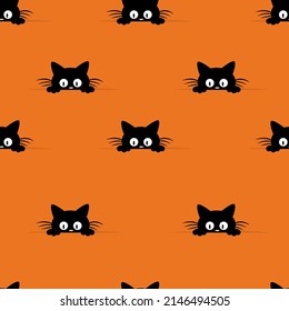 Happy Halloween seamless pattern postcard, banner, flyer on orange background with black kitten. Paper cut style.