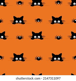 Happy Halloween seamless pattern postcard, banner, flyer on orange background with black kitten. Paper cut style.