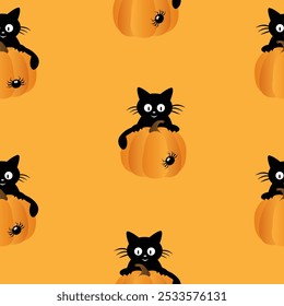 Happy Halloween seamless pattern postcard, banner, flyer on orange background with spider and black kitten, sitting on a pumpkin.