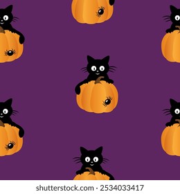 Happy Halloween seamless pattern postcard, banner, flyer on purple background with spider and black kitten, sitting on a pumpkin.