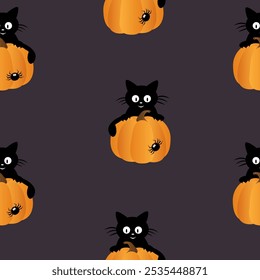 Happy Halloween seamless pattern postcard, banner, flyer on dark grey background with spider and black kitten, sitting on a pumpkin.