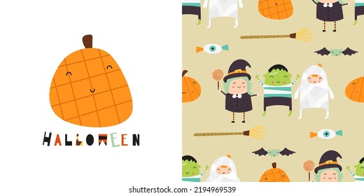 Happy Halloween seamless pattern and print with symbols of Halloween – Cute Mummy, Witch, Frankenstein. Greeting card and wrapping paper set. T-shirt print and kids fabric design. Vector illustration