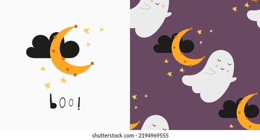 Happy Halloween seamless pattern and print with symbols of Halloween – Cute Ghost, Moon. Greeting card and wrapping paper set. T-shirt print and kids fabric design. Vector illustration