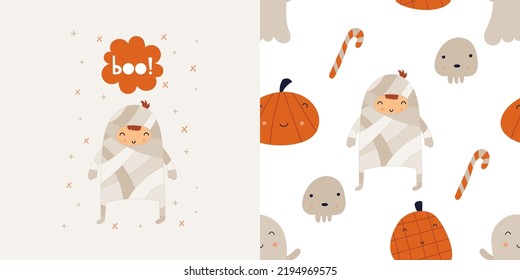 Happy Halloween seamless pattern and print with symbols of Halloween – Mummy, Skull, Pumpkin. Greeting card and wrapping paper set. T-shirt print and kids fabric design. Vector illustration