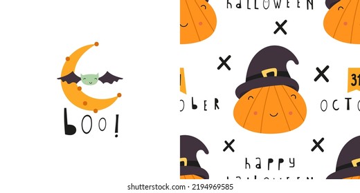 Happy Halloween seamless pattern and print with symbols of Halloween – Cute Pumpkin. Greeting card and wrapping paper set. T-shirt print and kids fabric design. Vector illustration