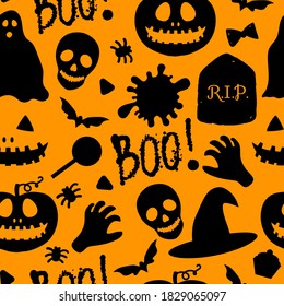 Feliz patrón de Halloween Seamless. Calabaza Jack, Calavera, Arañas, Dulces y Tonto. Textura de superficie de diseño de vacaciones vectoriales. Ilustración negra de caricatura aislada en fondo naranja.