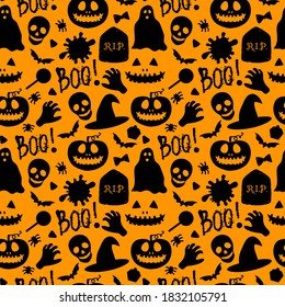 Happy Halloween Seamless pattern. Pumpkin Jack, Skull, Spiders, Sweets and Scary Boo. Vector celebration design surface texture. Cartoon black illustration isolated on orange background.