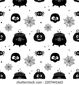 happy halloween seamless pattern with pumpkin, witch pot , spider and spider web, cartoon vector illustration of black icons, flat style