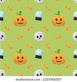 Happy Halloween seamless pattern with pumpkin, skull and candies