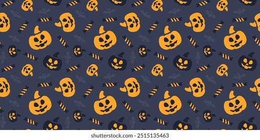 Happy Halloween seamless pattern. Pumpkin, flying bat and candy on dark blue background. Vector illustration for web or print