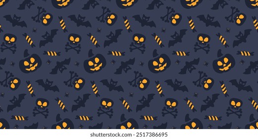 Happy Halloween seamless pattern. Pumpkin, flying bat, spider and skull silhouettes on dark background. Vector background for wrapping paper, party invitation design, banner