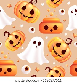 Happy Halloween seamless pattern. Pumpkin with potion and ghost. Holiday vector illustration