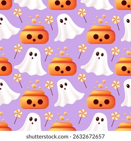 Happy Halloween seamless pattern. Pumpkin with potion, ghost, candies. Holiday vector illustration