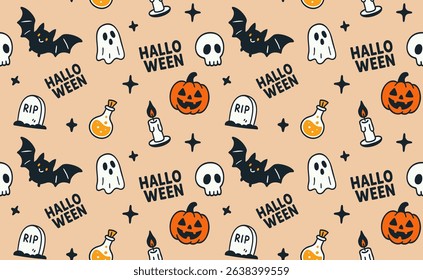 Happy Halloween Seamless Pattern with Pumpkin, Bat, Ghost, Skull Candle. Gravestone Potion Holiday Background. Cartoon October Horror Spooky Celebration fun spooky seamless vector with cute Halloween