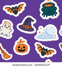 Happy Halloween seamless pattern with pumpkin, witch hat, moon, stars, ghost and bats