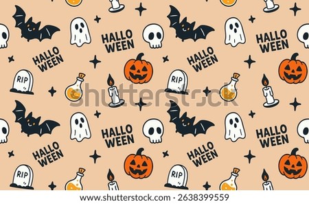 Happy Halloween Seamless Pattern with Pumpkin, Bat, Ghost, Skull Candle. Gravestone Potion Holiday Background. Cartoon October Horror Spooky Celebration fun spooky seamless vector with cute Halloween