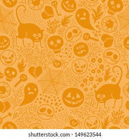 Happy Halloween!  Seamless pattern with pumpkins, skulls, cats, spiders ... Vector illustration.