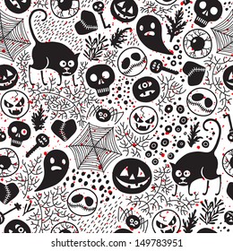 Happy Halloween! Seamless pattern with pumpkins, skulls, cats, spiders ... Vector illustration.