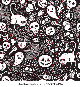 Happy Halloween! Seamless pattern with pumpkins, skulls, cats, spiders ... Vector illustration.