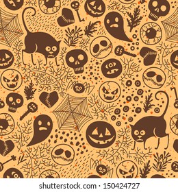 Happy Halloween! Seamless pattern with pumpkins, skulls, cats, spiders ... Vector illustration.
