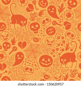 Happy Halloween! Seamless pattern with pumpkins, skulls, cats, spiders ... Vector illustration.