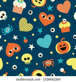 Happy Halloween. Seamless pattern with pumpkins, hearts, cake, skulls, spiders and stars.