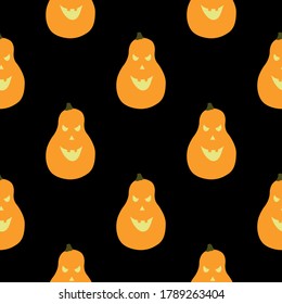 Happy Halloween. Seamless pattern with pumpkins on black background. Vector illustration for original background decoration, cards, banners, wrappings, holiday designs, prints, textiles, fabrics, etc.