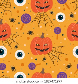 Happy Halloween seamless pattern with pumpkins, spooky eyeballs, spiders and candy. Vector illustration in cartoon style. Design for textile, wallpaper.