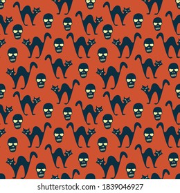 ¡Feliz Halloween! Patrón sin soldadura con calabazas, calaveras, gatos, arañas... Ilustración vectorial.