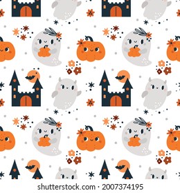 Happy Halloween Seamless pattern with Pumpkins, ghosts and magic elements isolated on white background. Autumn festive texture for textile with cartoon Halloween symbols. Print for holiday celebration