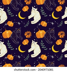 Happy halloween seamless pattern with pumpkins, cats. Festive background. 