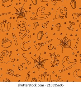 Happy Halloween. Seamless pattern with pumpkins, skulls, cats, spider's web, ghosts, monsters, witch hat. Trick or treat. Vector illustration. Background.