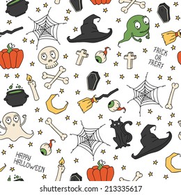 Happy Halloween. Seamless pattern with pumpkins, skulls, cats, spider's web, ghosts, monsters, witch hat. Trick or treat. Vector illustration. Background.