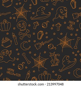 Happy Halloween. Seamless pattern with pumpkins, skulls, cats, spider's web, ghosts, monsters, witch hat. Trick or treat. Vector illustration. Background.