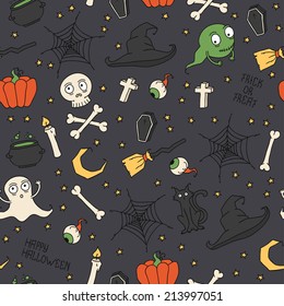 Happy Halloween. Seamless pattern with pumpkins, skulls, cats, spider's web, ghosts, monsters, witch hat. Trick or treat. Vector illustration. Background.