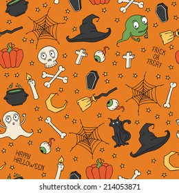 Happy Halloween. Seamless pattern with pumpkins, skulls, cats, spider's web, ghosts, monsters, witch hat. Trick or treat. Vector illustration. Background.