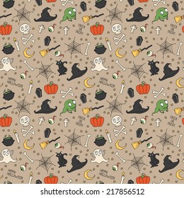 Happy Halloween. Seamless pattern with pumpkins, skulls, cats, spider's web, ghosts, monsters, witch hat. Trick or treat. Vector illustration. Background.