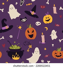 Happy Halloween Seamless pattern with pumpkins, bat, decoration elements, cartoon style. Witchcraft, withcore aesthetic. Mystical magic art. Trendy modern vector illustration, hand drawn, flat design.