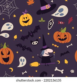 Happy Halloween Seamless pattern with pumpkins, bat, decoration elements, cartoon style. Witchcraft, withcore aesthetic. Mystical magic art. Trendy modern vector illustration, hand drawn, flat design.
