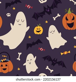 Happy Halloween Seamless pattern with pumpkins, bat, decoration elements, cartoon style. Witchcraft, withcore aesthetic. Mystical magic art. Trendy modern vector illustration, hand drawn, flat design.