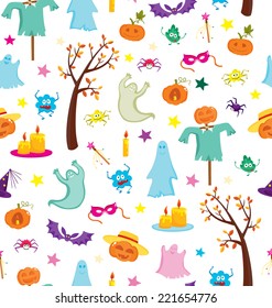 Happy Halloween seamless pattern with pumpkins, ghosts, spiders ... Vector illustration. 