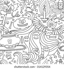 Happy Halloween seamless pattern with pumpkins, ghosts, spiders. Vector crazy background for Halloween