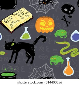 Happy Halloween! Seamless pattern with pumpkins, skulls, cats, spiders, snakes, frogs, magic books and poisons and potions. Vector illustration.